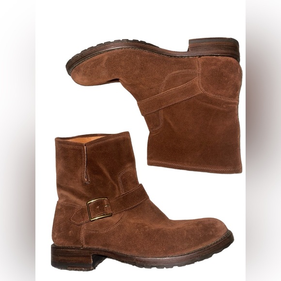 FRYE Natalie Short Engineer Biker Buckle Boots Brown Suede Size 9 1/2B - Picture 1 of 6